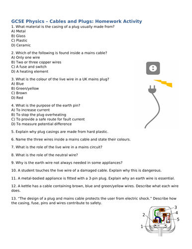 NEW (2016) AQA GCSE Physics - Cables and Plugs Homework
