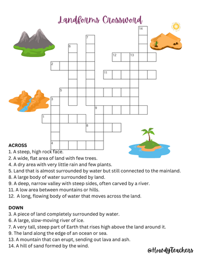 Landforms Vocabulary Crossword Activity