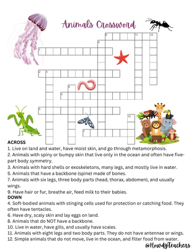 Animal Classification Vocabulary Crossword Activity