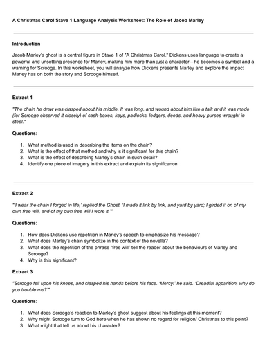 A Christmas Carol Worksheet - The Significance of Jacob Marley