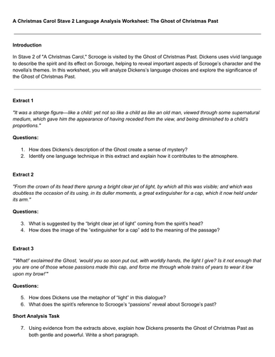 A Christmas Carol Worksheet - The Ghost of Christmas Past