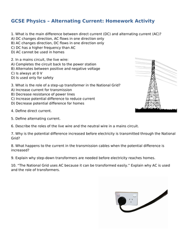 NEW (2016) AQA GCSE Physics - Alternating Current Homework