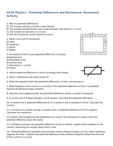NEW (2016) AQA GCSE Physics - Potential Difference and Resistance Homework