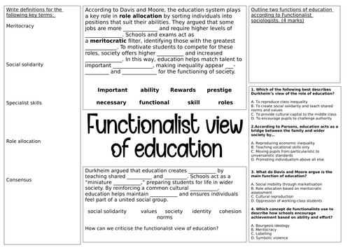 AQA A-Level Sociology - Revision worksheet - Functionalist view of education