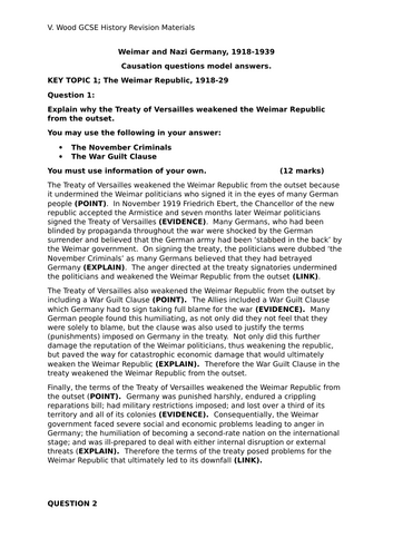 EDEXEL GCSE HISTORY WEIMAR AND NAZI GERMANY CAUSATION QUESTION - 17 MODEL ANSWERS