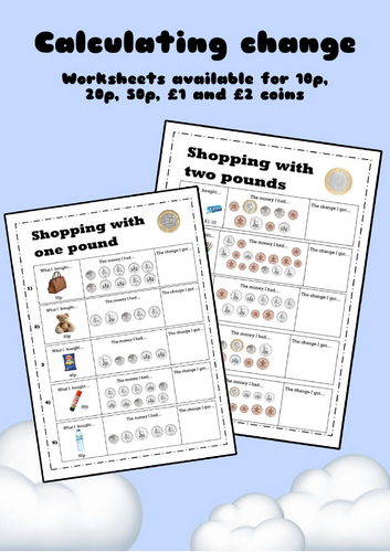 Adding and change from 20p -With coins - ks1/Lks2 money worksheets