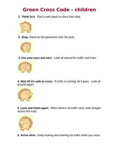 Road crossing safety Green Cross Code instruction sheet