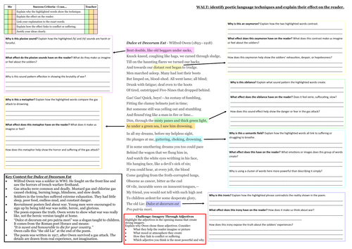 Dulce et Decorum Est | Poetry Analysis Worksheet | KS3/KS4
