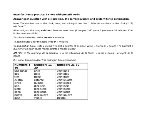 Imperfect tense practice: La hora with preterit verbs
