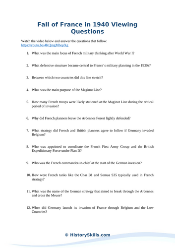 Fall of France in 1940 Viewing Viewing Comprehension Questions Worksheet