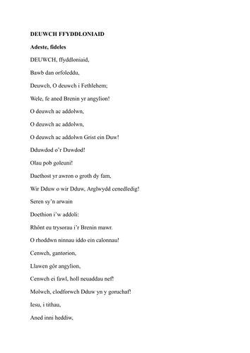 GWASANAETH NADOLIG geiriau "DEUWCH FFYDDLONIAID"
