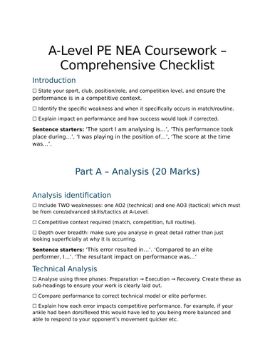 NEA A level PE coursework Checklist for pupils