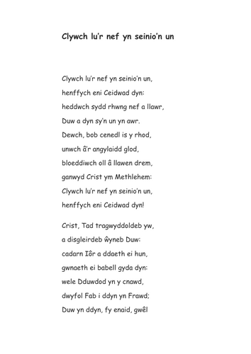 "Clywch lu'r nef yn seinio'n un" Geiriau'r carol Nadolig: Gwasanaeth Plant