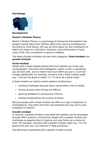 Dweck’s Mindset Theory – Development – Fixed and Growth Mindsets