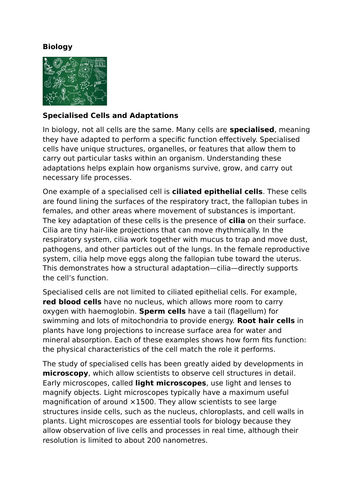 Specialised Cells and Adaptations – Ciliated Epithelial Cells