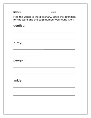 Dictionary activity worksheets KS1 Year 1