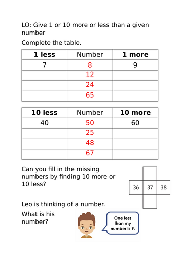Maths 1 or 10 less or more