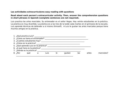 Las actividades extracurriculares easy reading with questions