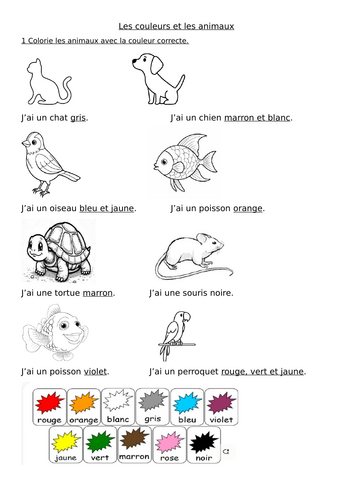 Animaux et couleurs differentiated worksheet (reading, writing and speaking task)