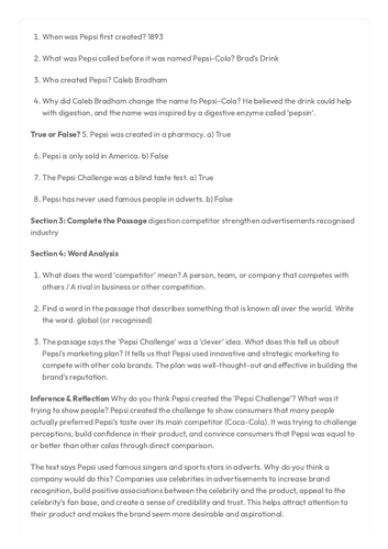 Year 6 SATS Style Comprehension - The History of Pepsi