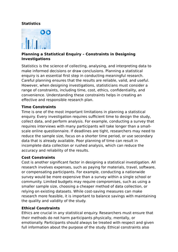 Planning a Statistical Enquiry – Constraints in Designing Investigations
