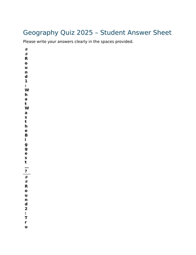 Geography quiz 2025 edition answer sheet