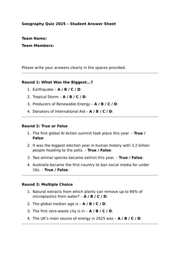Geography quiz 2025 edition answer sheet