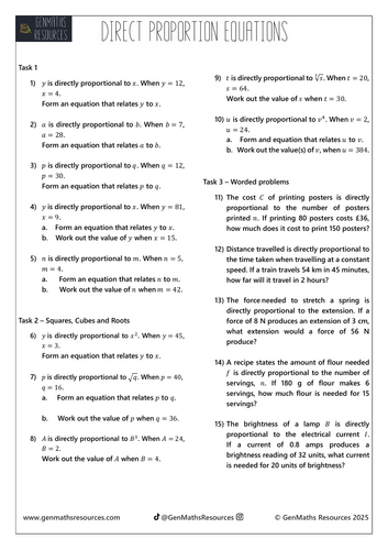 Direct Proportion Equations - Maths Higher GCSE Worksheet