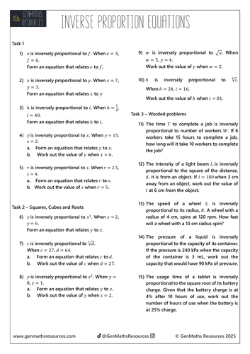 Inverse Proportion Equations - Maths Higher GCSE Worksheet