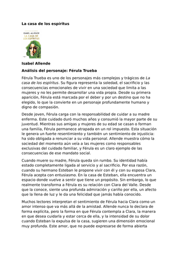 La casa de los espíritus by Isabel Allende – Character Analysis – Férula Trueba