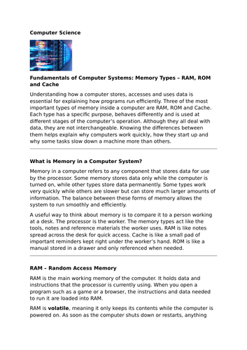 Fundamentals of Computer Systems – Memory Types: RAM, ROM and Cache