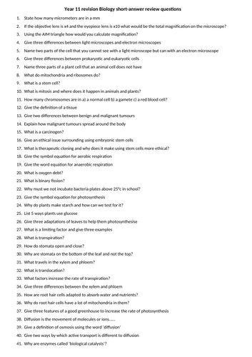 AQA Combined Science Biology short answer revision questions