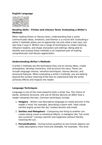 Reading Skills – Fiction and Literary Texts: Evaluating a Writer’s Methods