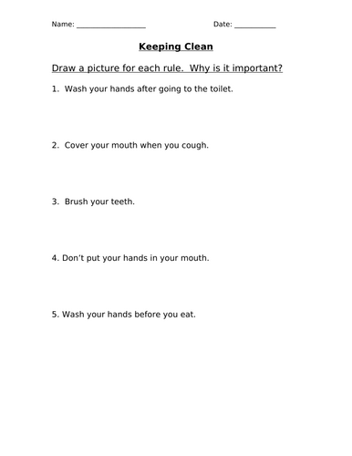 PSHE hygiene and keeping clean worksheet KS1