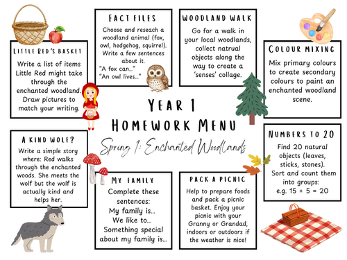 Year 1 Homework Menu - Enchanted Woodland