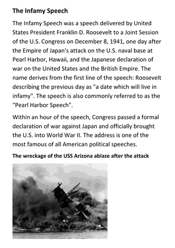The Infamy Speech Pearl Harbor Attack Handout