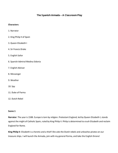 KS3 Making of the UK/GCSE History - Spanish Armada: Three Scene Playscript