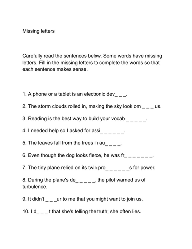 KS2 Vocabulary - Missing Letters