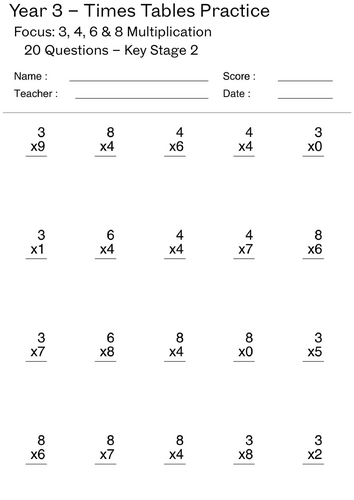 Year 3 Times Tables Worksheet – 3, 4, 6 & 8 Multiplication – With Answers
