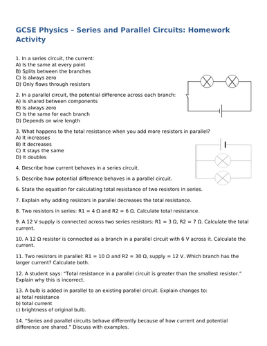 NEW (2016) AQA GCSE Physics - Series & Parallel Circuits Homework