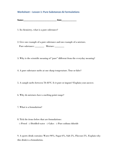 Pure and formulation Worksheet: Combined Science
