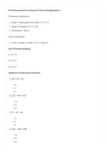 SATS Maths Practice - Area, Perimeter, Addition and Subtraction