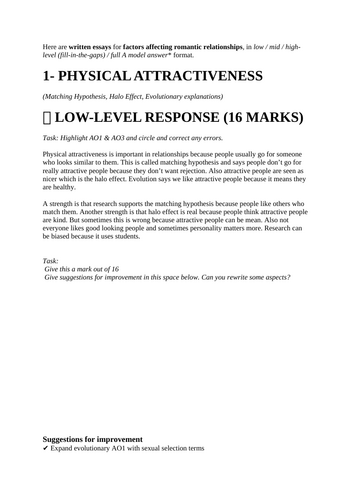 16 mark exemplar responses on Factors Affecting Romantic Relationships - A Level Psychology - AQA
