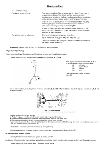 BioPsychology Exam Questions - A Level Psychology AQA - 29 past paper questions