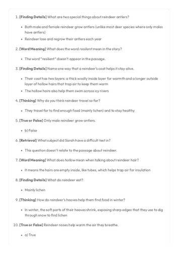 Year 6 SATS Style Comprehension based on Reindeers