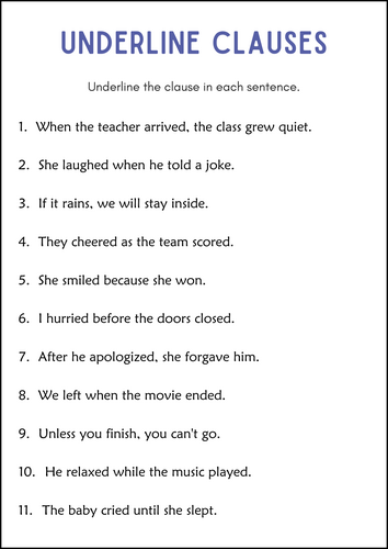 Phrases and Clauses Grammar Worksheets for Grade 1, 2, 3