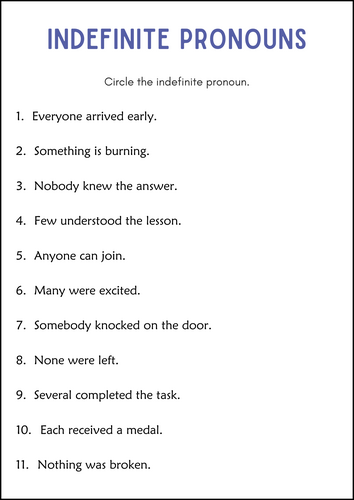 Personal Pronouns, Possessive Pronouns, Indefinite Pronouns Grammar Worksheets