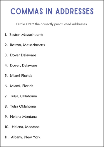 Commas in Addresses Grammar Worksheets for Grade 1, 2, 3