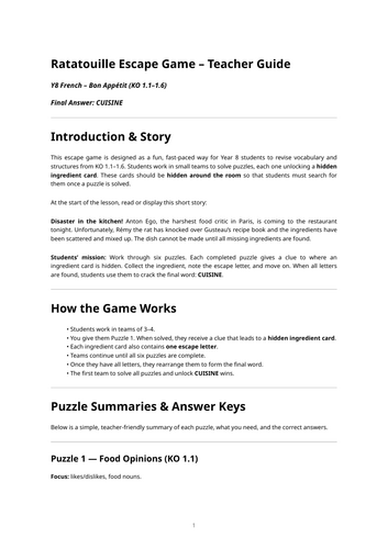 KS3 French Food - Ratatouille Escape Game