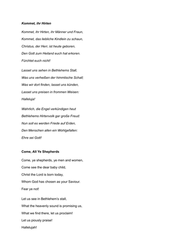 GERMAN LANGUAGE CAROL (lyrics only) "Kommet ihr Hirten"